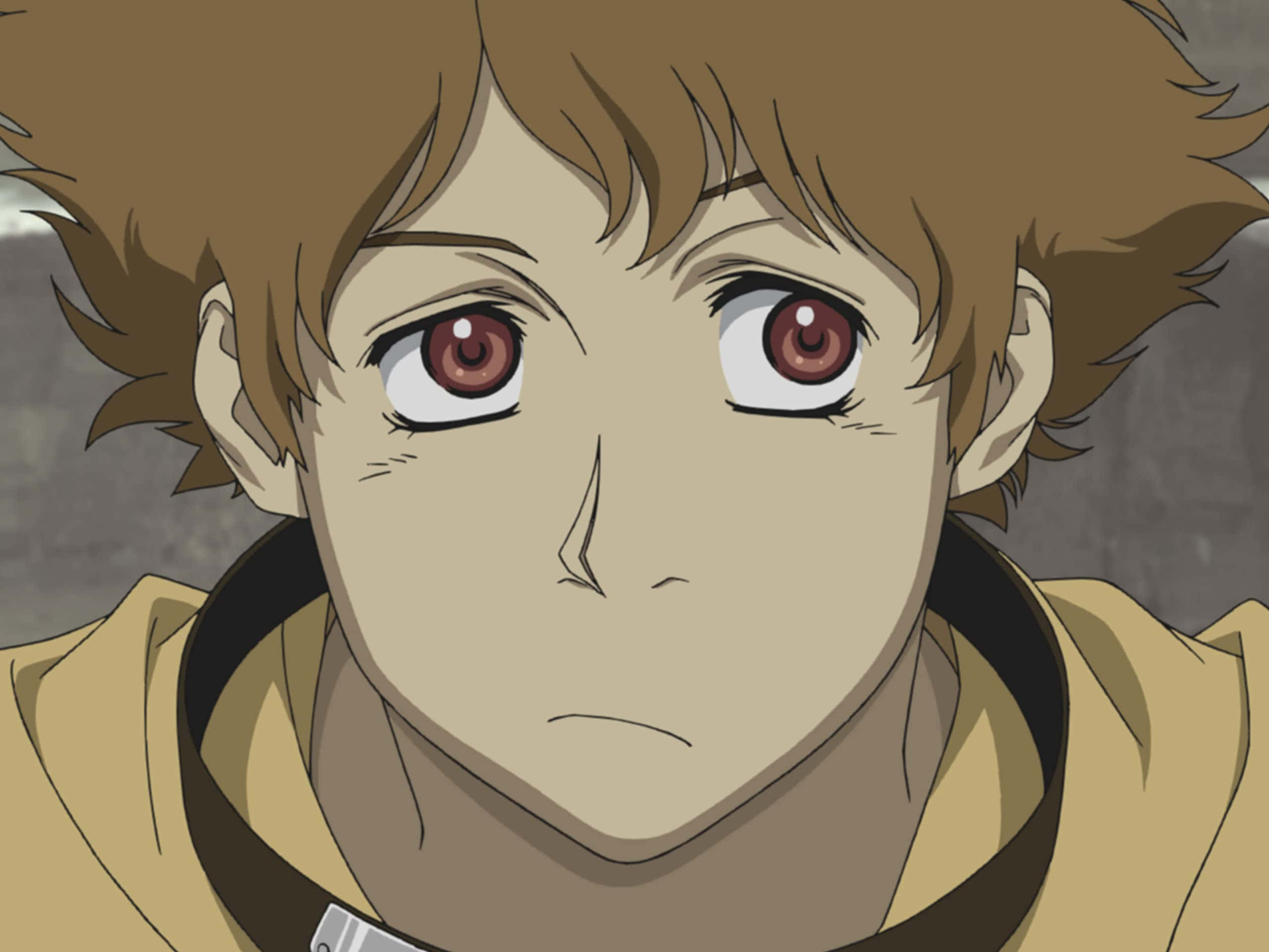 Wolf's Rain Hige 桌布 壁紙 — 動漫角色特寫，棕色頭髮，紅色眼睛，穿著黃色連帽衫。