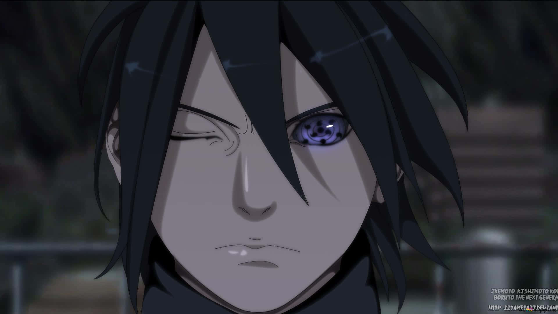 Rinnegan 桌布 壁紙 — 動漫角色特寫，深色頭髮，發光的紫色眼睛，展現強烈專注。