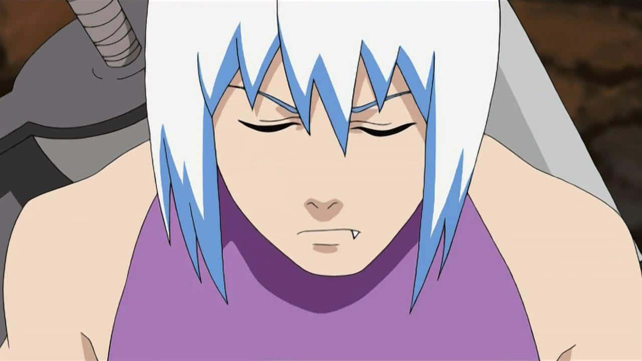 Suigetsu Hozuki 桌布 壁紙 — 動漫角色特寫，白色和藍色尖刺頭髮，穿著紫色上衣，皺眉並露出尖牙。
