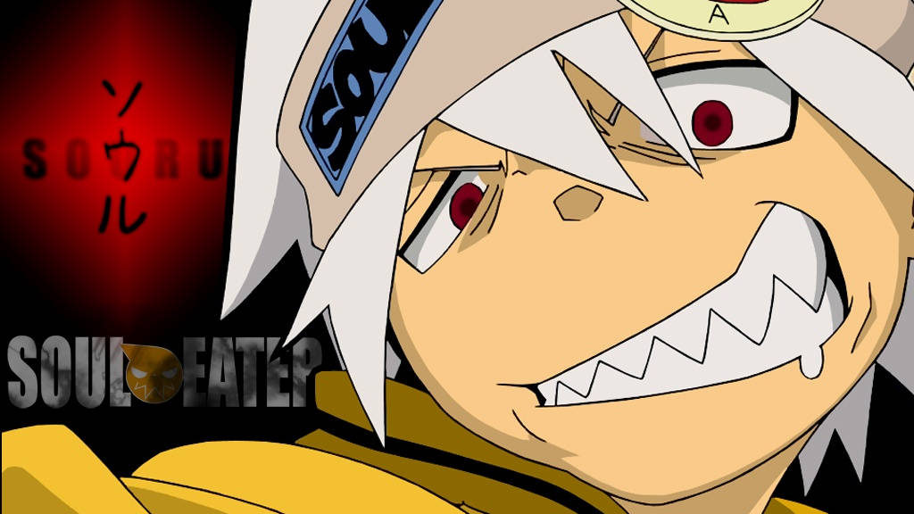 soul eater moon 桌布 壁紙 — 動漫角色特寫，白色尖刺頭髮、紅色眼睛和鋒利牙齒，在深紅色背景上兇狠地咧嘴笑。