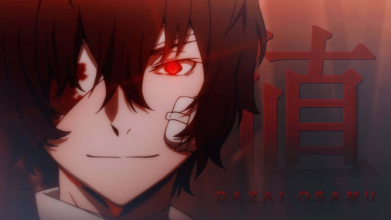 動漫男孩 桌布 壁紙 — 動漫角色特寫，紅眼睛，臉頰纏著繃帶，背景為深紅色，帶有日本漢字。