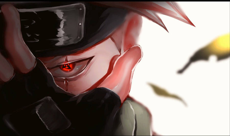 Naruto Kakashi 桌布 壁紙 — 動漫角色特寫，紅眼黑頭帶，在戲劇性燈光下托著臉。