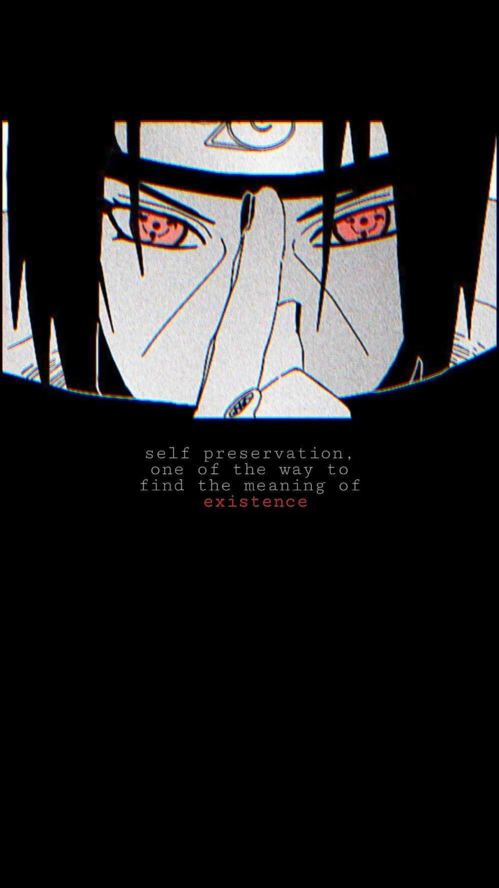 Akatsuki Quotes 桌布 壁紙 — 動漫角色特寫，紅眼黑髮，以深色邊框框住，下方有文字。