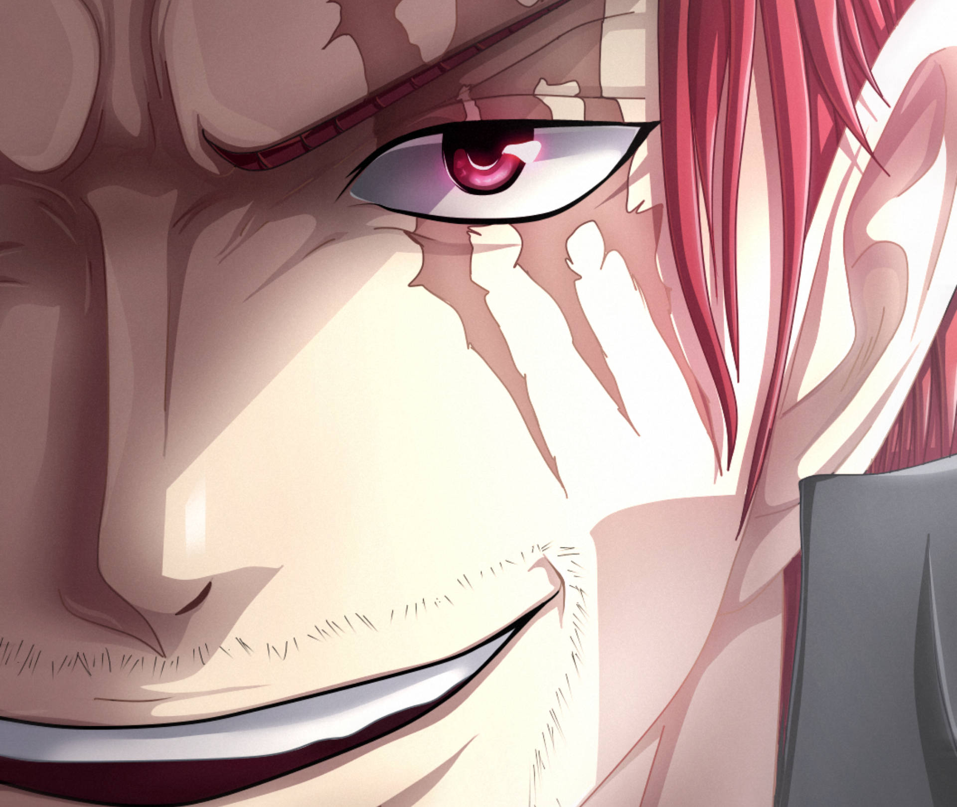 Shanks 桌布 壁紙 — 動漫角色特寫，紅髮、紅眼，帶疤痕的臉微笑。