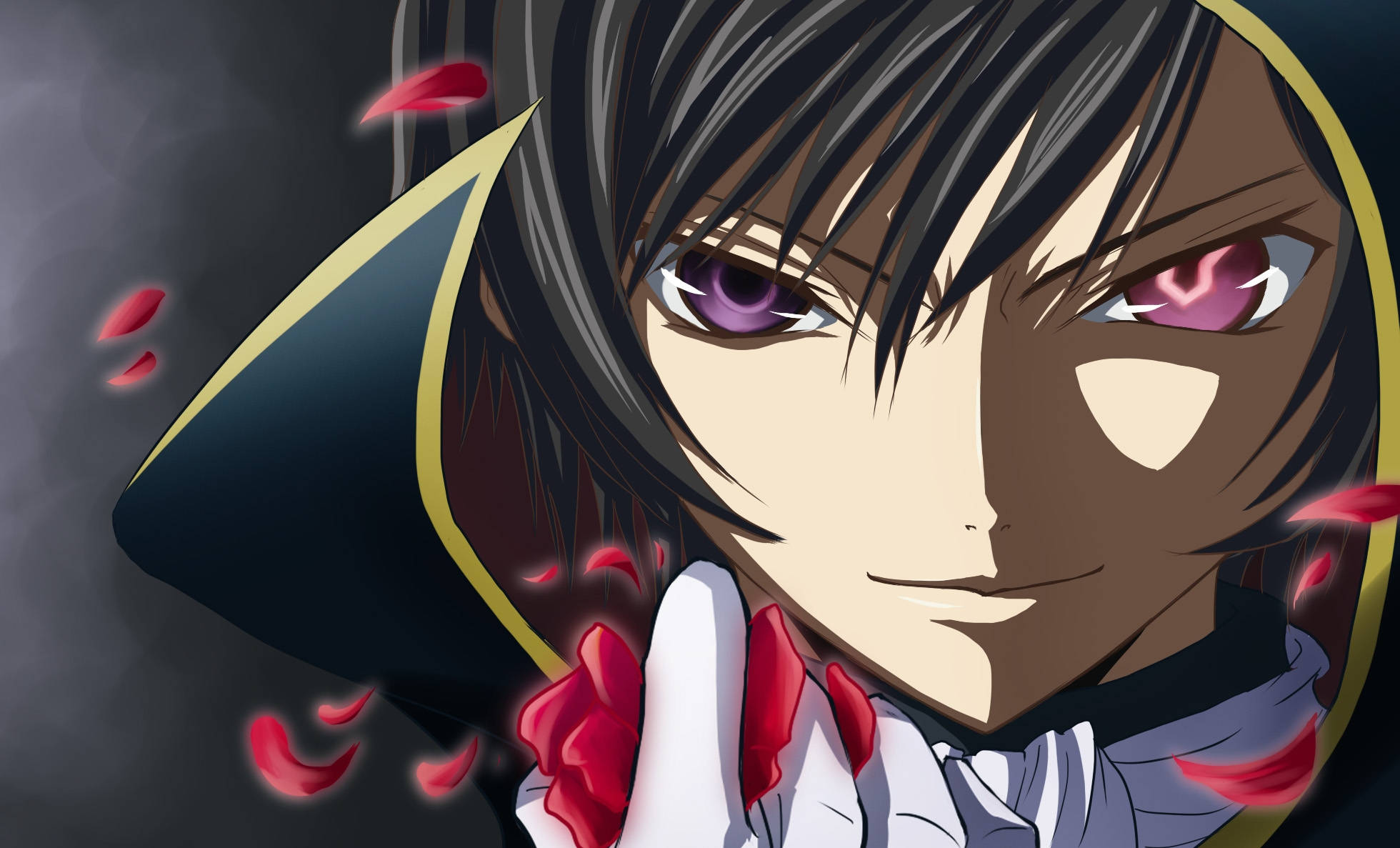 lelouch lamperouge 桌布 壁紙 — 動漫角色特寫，紫色眼睛、黑色頭髮，在深色背景下手持紅色花瓣。