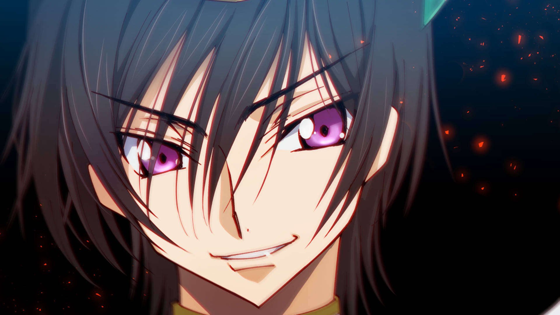 lelouch lamperouge 桌布 壁紙 — 動漫角色特寫，紫色眼睛和深色頭髮，在黑暗背景中微笑，背景有發光的火花。