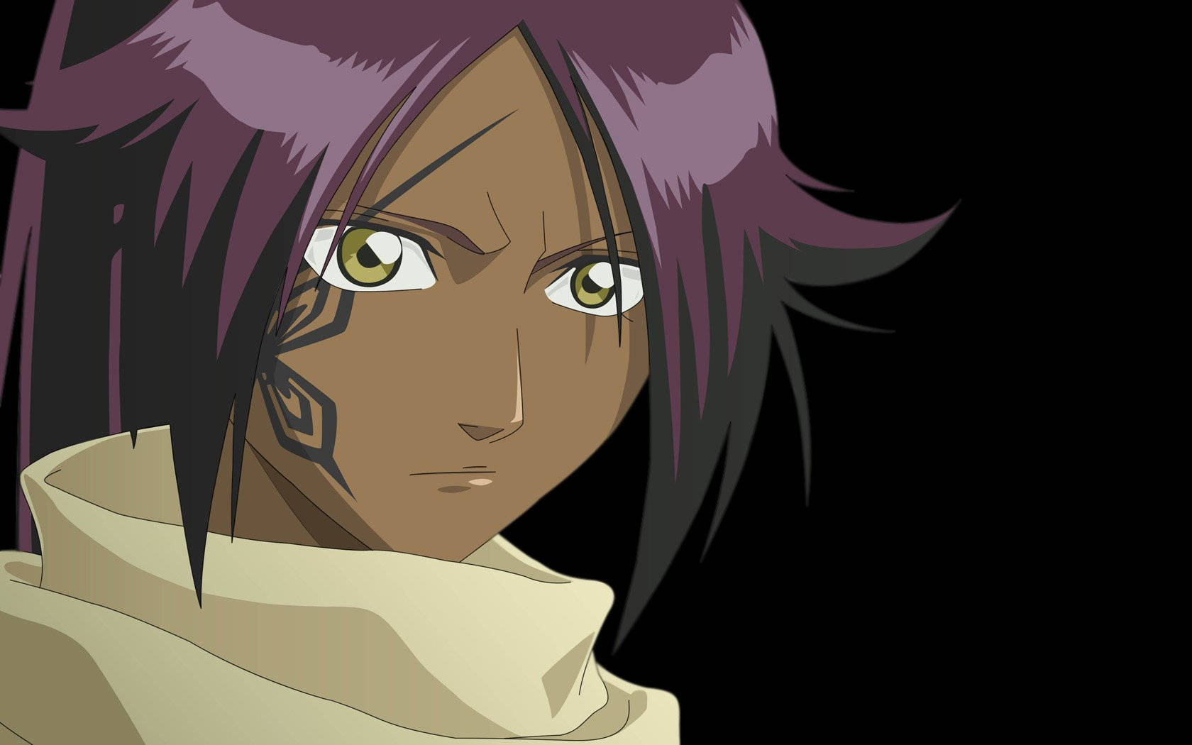 Yoruichi 桌布 壁紙 — 動漫角色特寫，紫色頭髮和綠色眼睛，黑色背景。