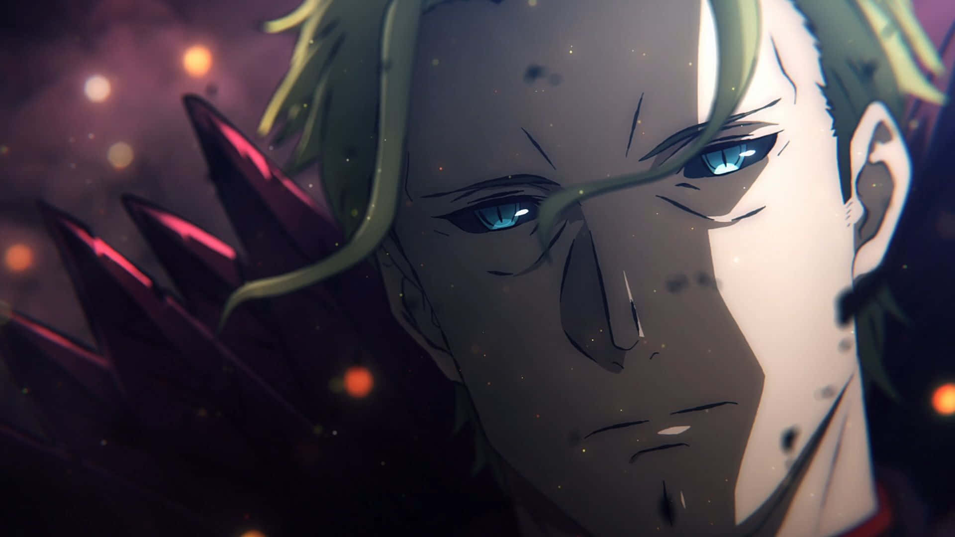 Sword Art Online Gabriel Miller 桌布 壁紙 — 動漫角色特寫，綠色頭髮，強烈藍色眼睛，背景是黑暗宇宙，帶有發光粒子。