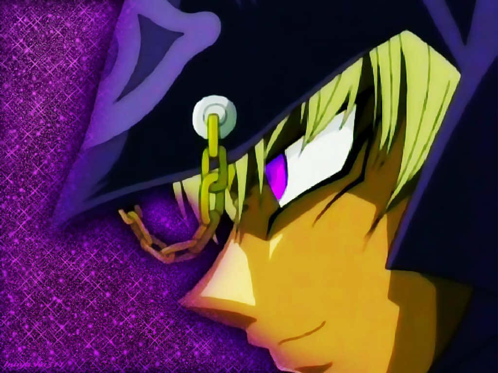 Marik Ishtar 桌布 壁紙 — 動漫角色特寫，綠色頭髮和紫色眼睛，背景是閃爍的紫色。