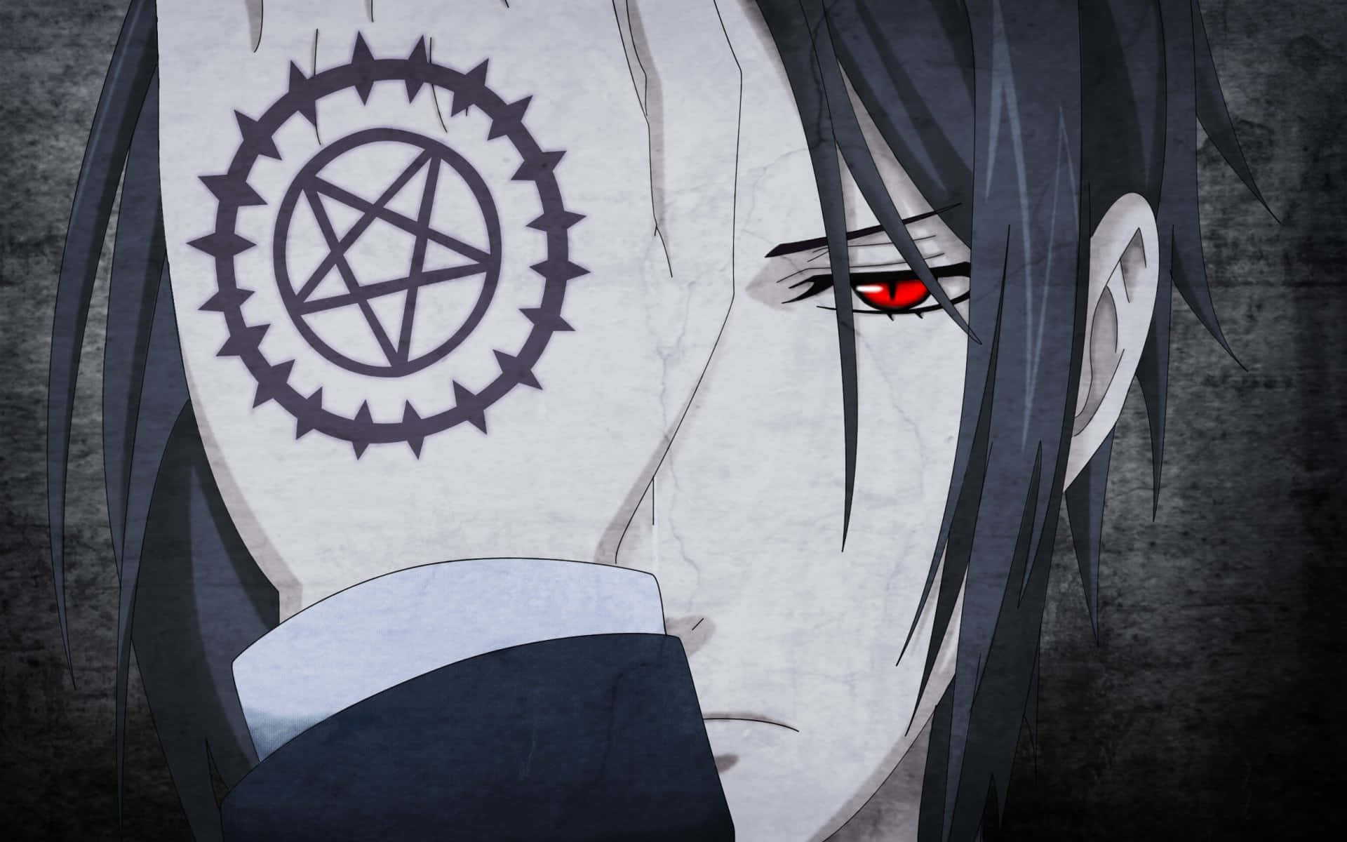 Black Butler 桌布 壁紙 — 動漫角色特寫，蒼白皮膚、紅色眼睛、臉頰上有五角星刺青，背景黑暗。
