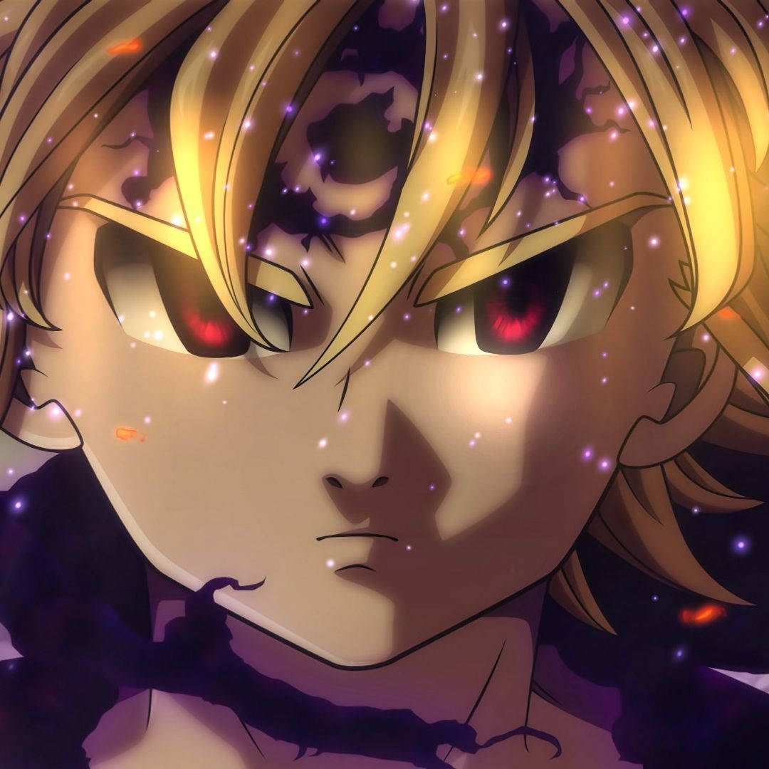 Meliodas 桌布 壁紙 — 動漫角色特寫，金色頭髮和發光的紅色眼睛，周圍環繞著閃爍的粒子。