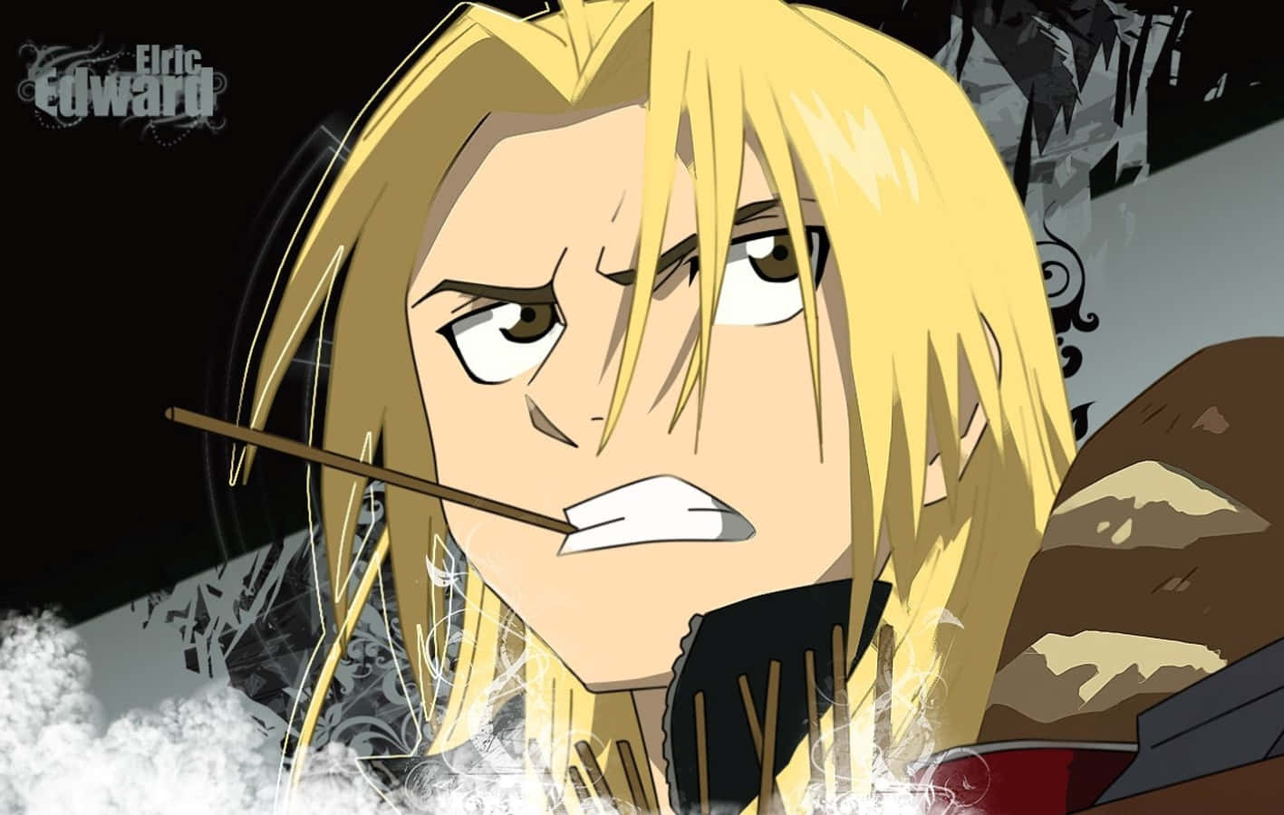 edward elric 桌布 壁紙 — 動漫角色特寫，金髮、眼神銳利，手持香煙，背景暗黑華麗。