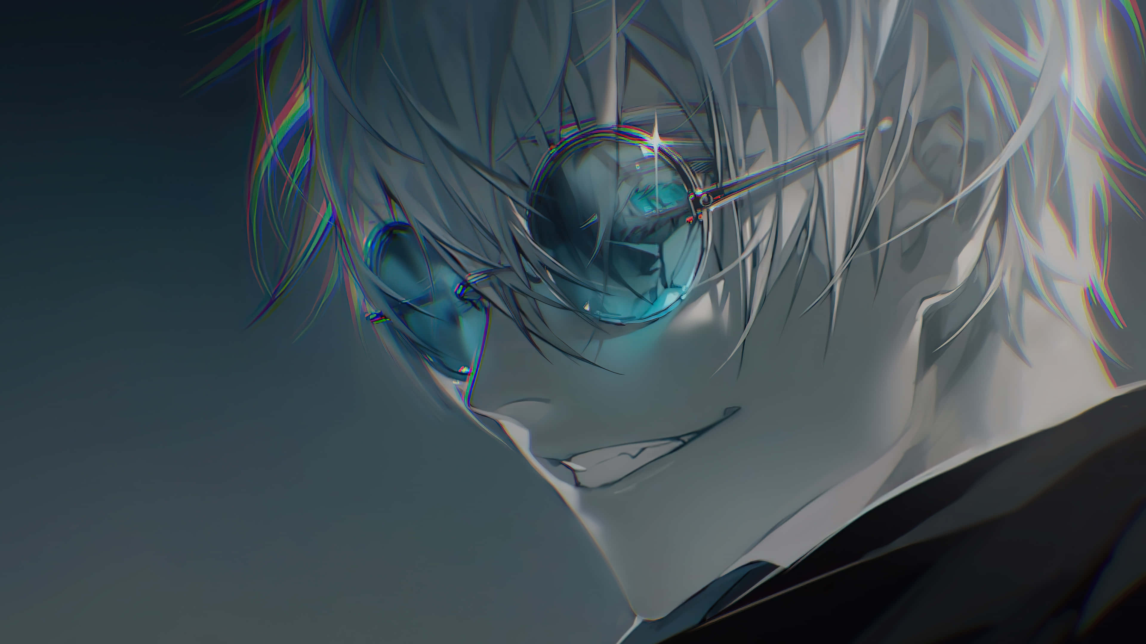 Animated 桌布 壁紙 — 動漫角色特寫，銀色頭髮，眼鏡在黑暗背景中發出藍光。