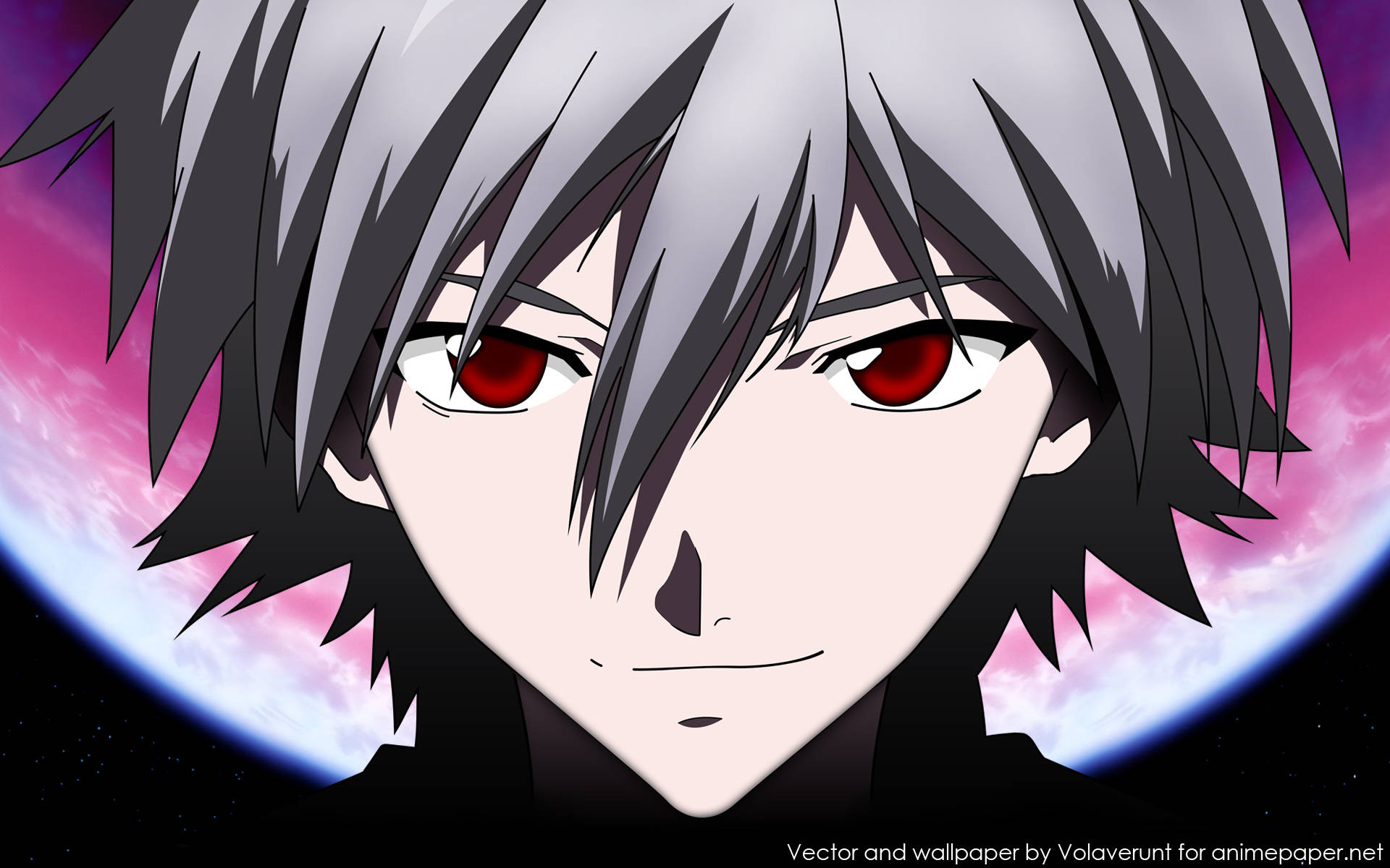 kaworu nagisa 桌布 壁紙 — 動漫角色特寫，銀色頭髮和紅色眼睛，背景是宇宙粉紅色和藍色星球。