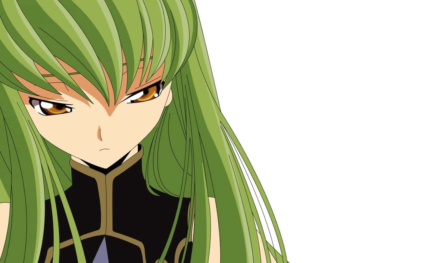 Code Geass C.c. 桌布 壁紙 — 動漫角色特寫，長綠色頭髮，強烈琥珀色眼睛，穿著黑色和金色服裝。