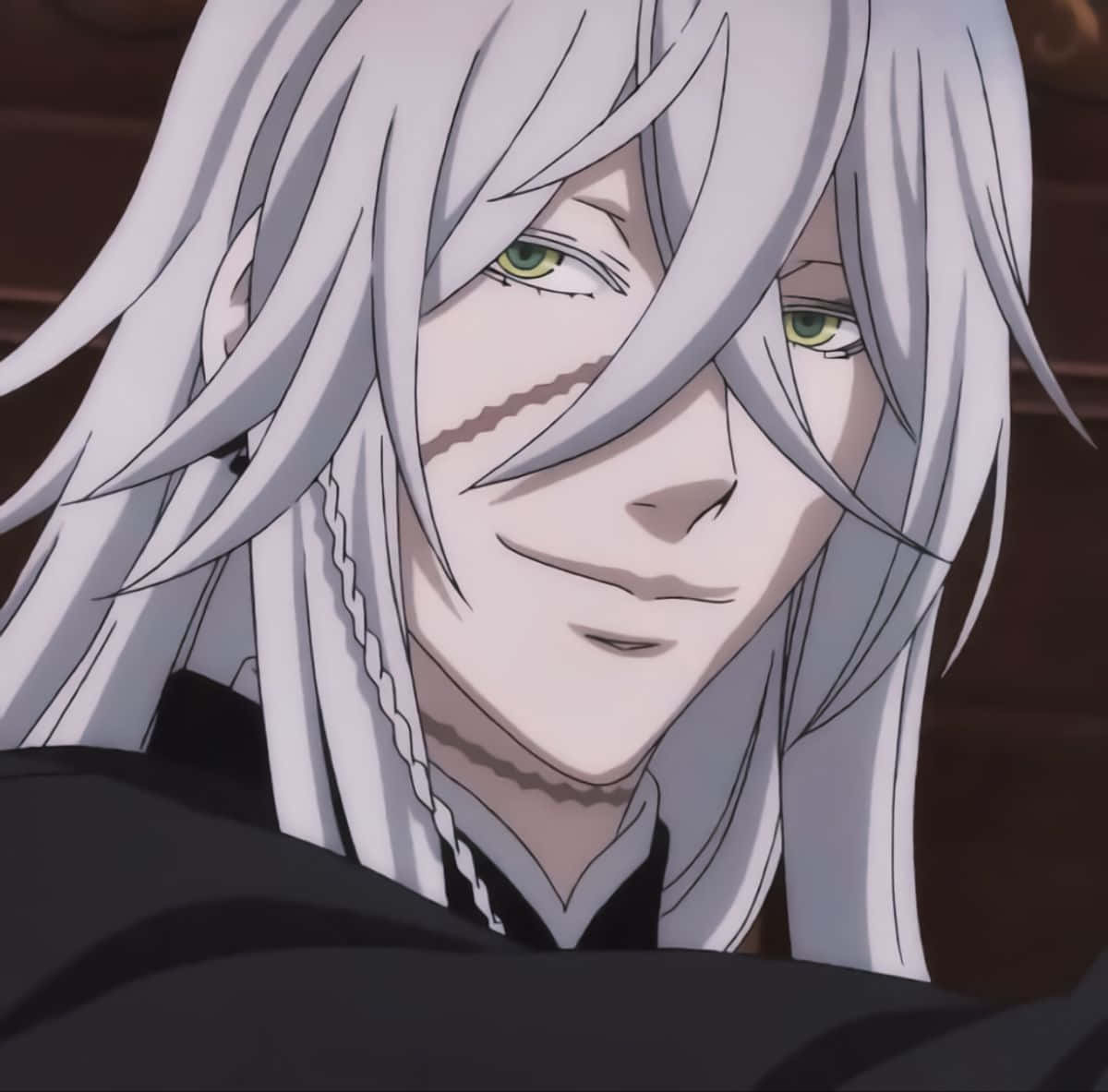 Black Butler Undertaker 桌布 壁紙 — 動漫角色特寫，長銀髮、綠眼睛、臉頰上有疤痕，身穿深色服裝。