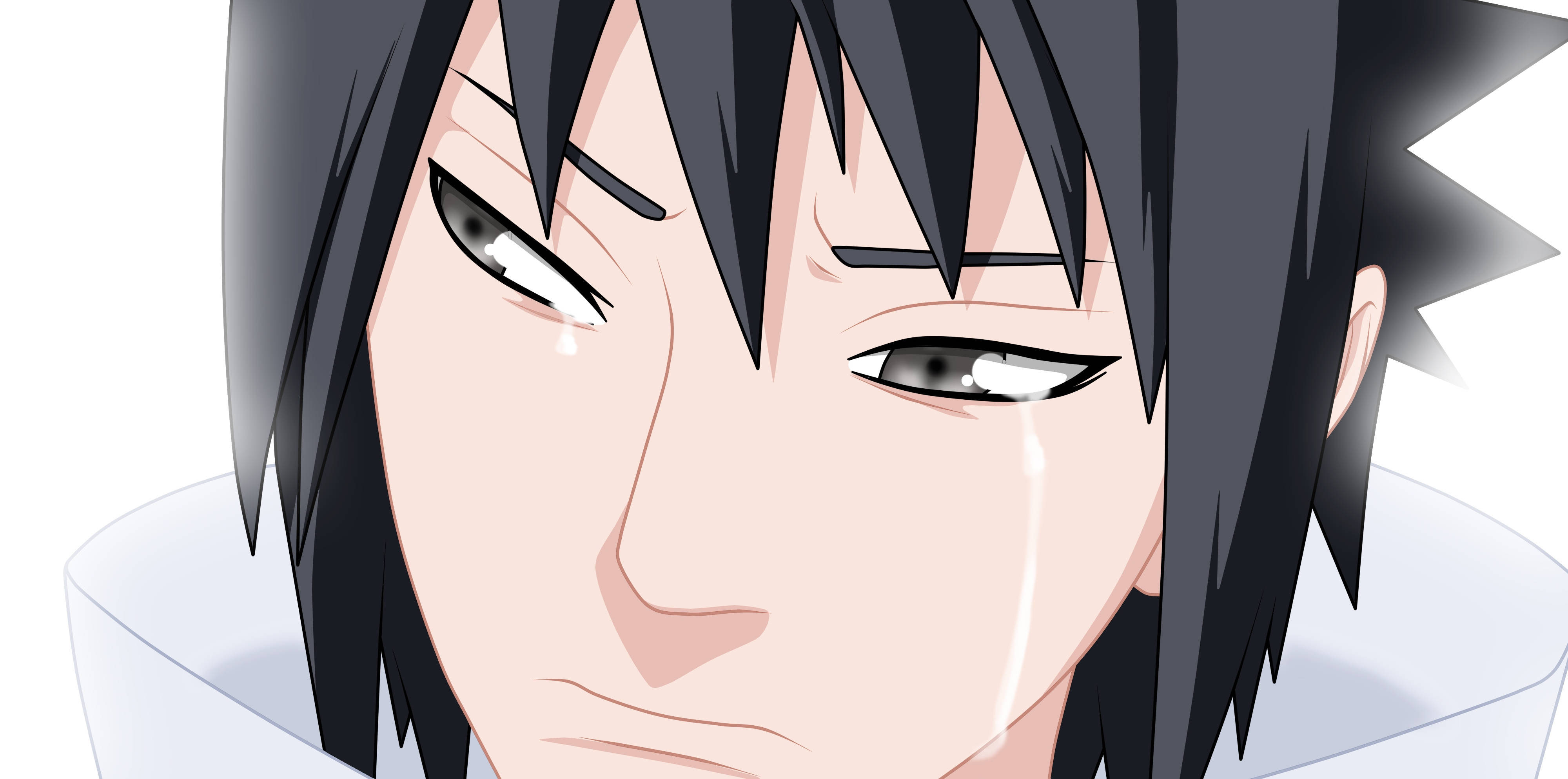 憂鬱動漫男孩 桌布 壁紙 — 動漫角色特寫，黑色刺蝟頭，臉上掛著淚痕，白色背景。