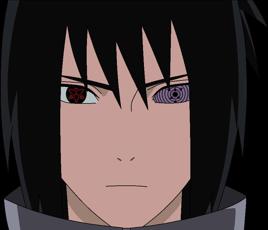 Rinnegan 桌布 壁紙 — 動漫角色特寫，黑髮，眼睛對比鮮明，一隻紅色帶符號，另一隻紫色帶螺旋。