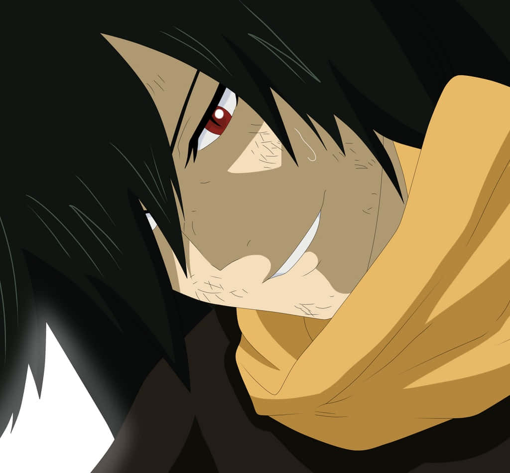 Rogue Cheney 桌布 壁紙 — 動漫角色特寫，黑髮、紅眼、黃色圍巾，強烈地向下凝視。