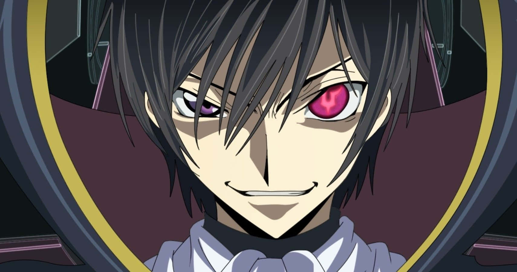 lelouch lamperouge 桌布 壁紙 — 動漫角色特寫，黑髮，紫粉異色瞳，露出詭異笑容。