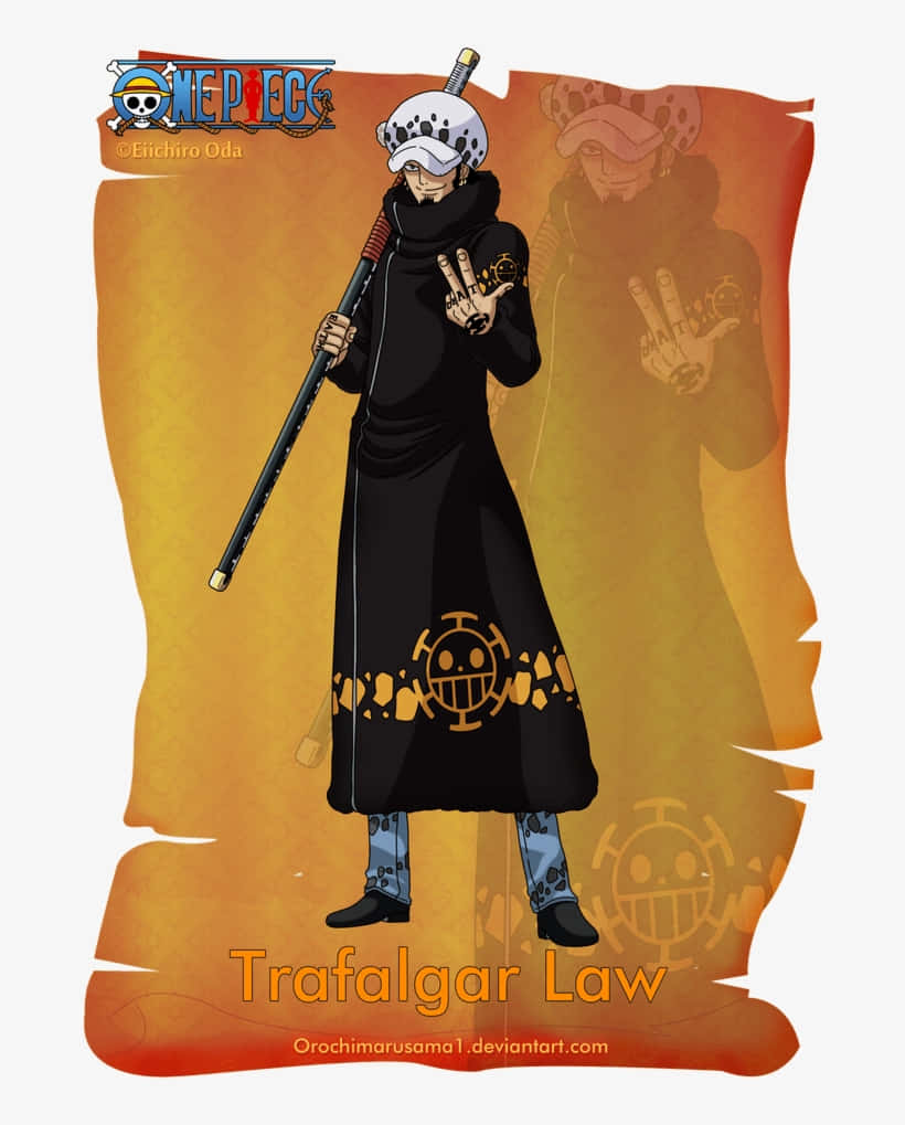One Piece Trafalgar Law 桌布 壁紙 — 動漫角色特拉法爾加·羅身穿黑色外套，手持劍，背景是溫暖的橙色羊皮紙。