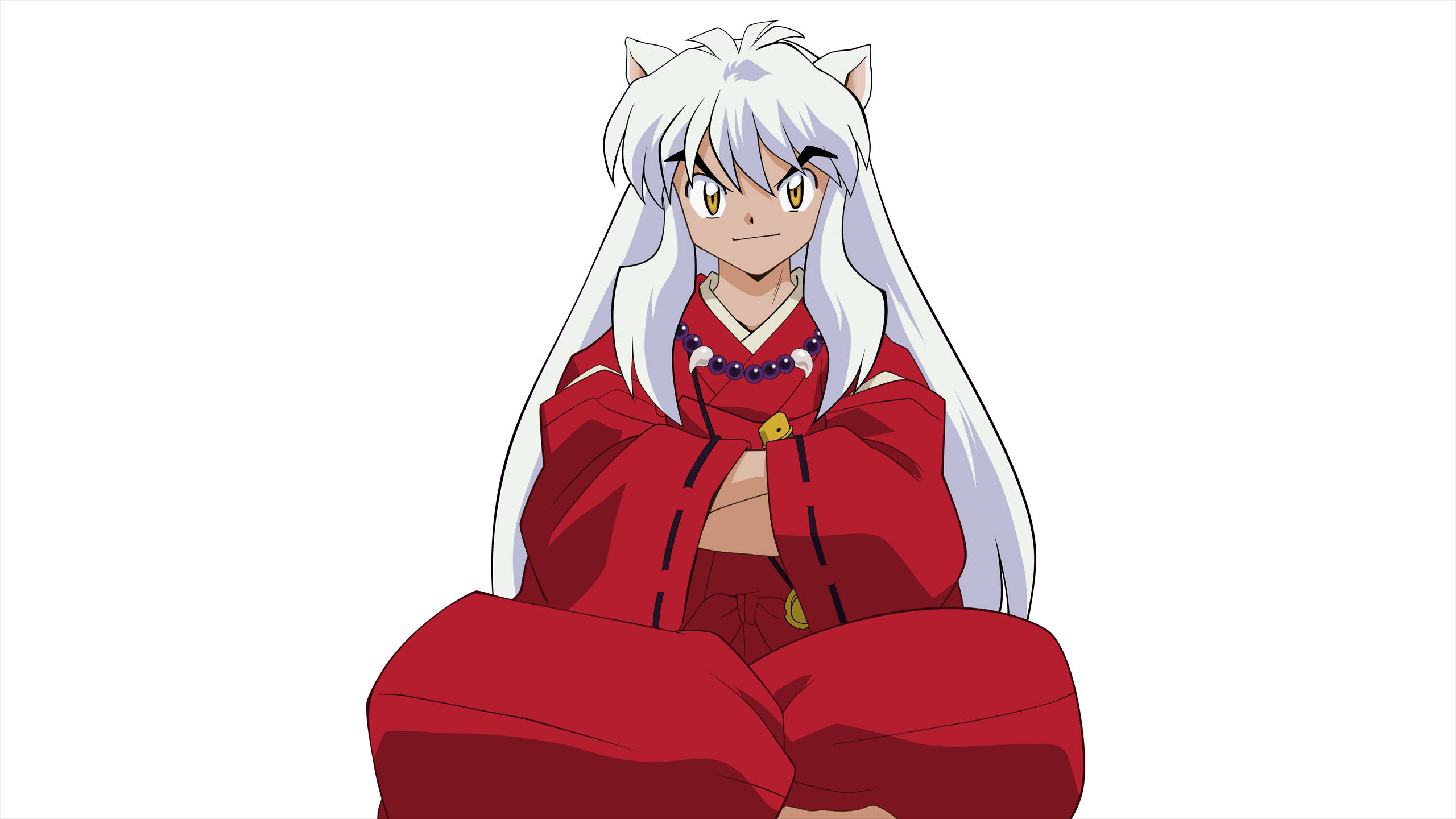 犬夜叉 桌布 壁紙 — 動漫角色犬夜叉，白髮狗耳，身穿紅色和服，盤腿坐在純白色背景前。