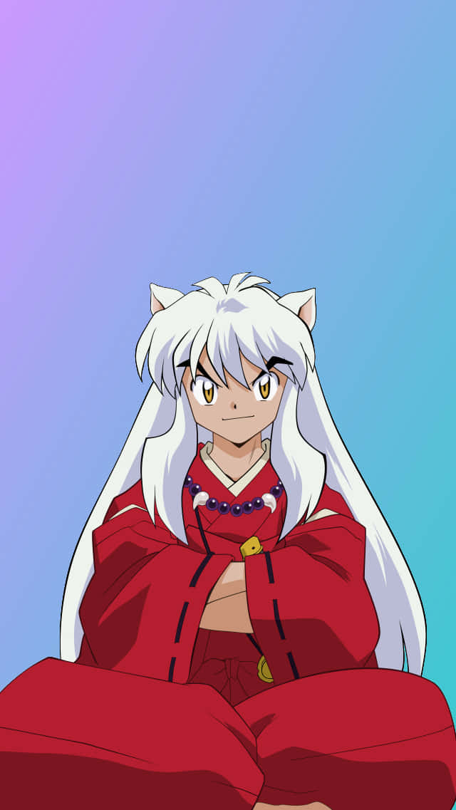 動漫男孩 桌布 壁紙 — 動漫角色犬夜叉，白髮紅和服，自信地坐在紫色到藍色的漸變背景前。