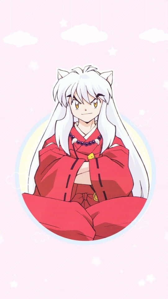 Inuyasha And Rin 桌布 壁紙 — 動漫角色犬夜叉，白髮紅衣，盤腿坐在柔和的粉紅色天空中，漂浮著雲朵和星星。