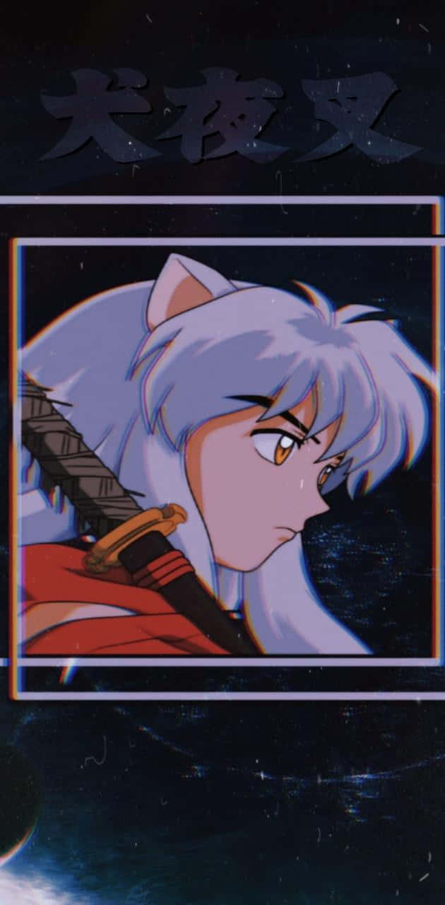 Inuyasha iPhone 桌布 壁紙 — 動漫角色犬夜叉，銀髮狗耳，在黑暗宇宙背景和上方日文字句下凝視著。
