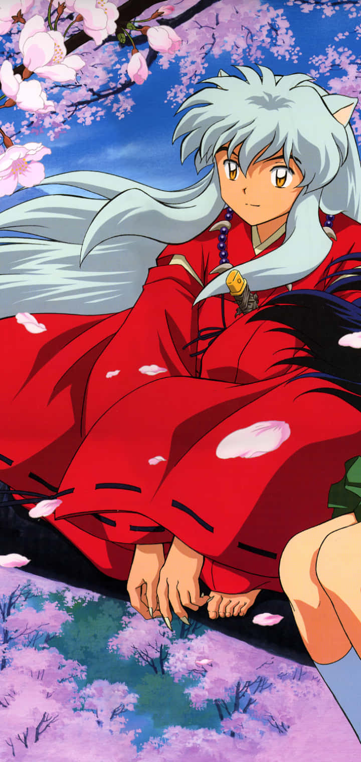 Inuyasha iPhone 桌布 壁紙 — 動漫角色犬夜叉坐在盛開的櫻花樹下，花瓣在他周圍飄落，呈現出充滿活力的春天場景。