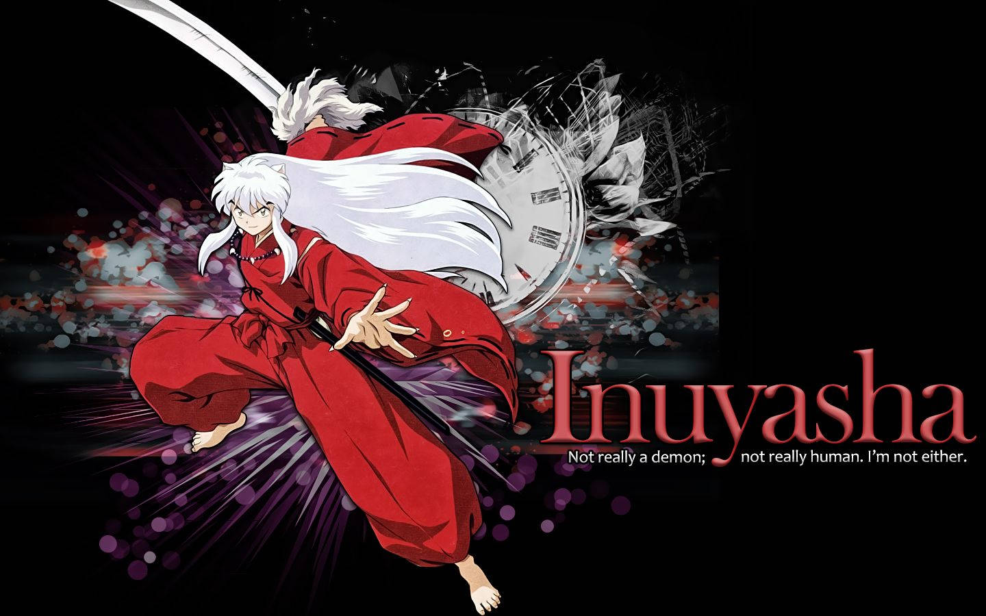 Inuyasha 桌布 壁紙 — 動漫角色犬夜叉身穿紅色和服，在黑暗背景中動態跳躍，背景有破碎的時鐘和發光粒子。