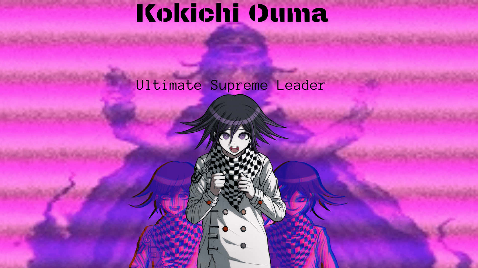 Kokichi Ouma 桌布 壁紙 — 動漫角色王馬小吉站在舞台中央，背景是鮮豔的粉紅和紫色條紋，有暴風雲和兩個陰影人物在他身後。