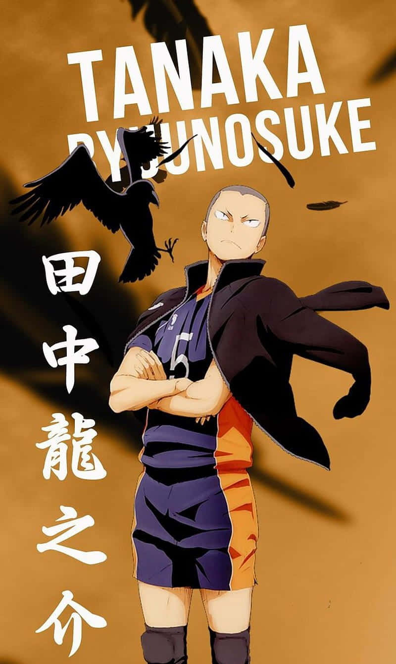 Tanaka Ryunosuke 桌布 壁紙 — 動漫角色田中龍之介自信地穿著運動服，一隻烏鴉在他旁邊飛翔，背景是溫暖的棕色。