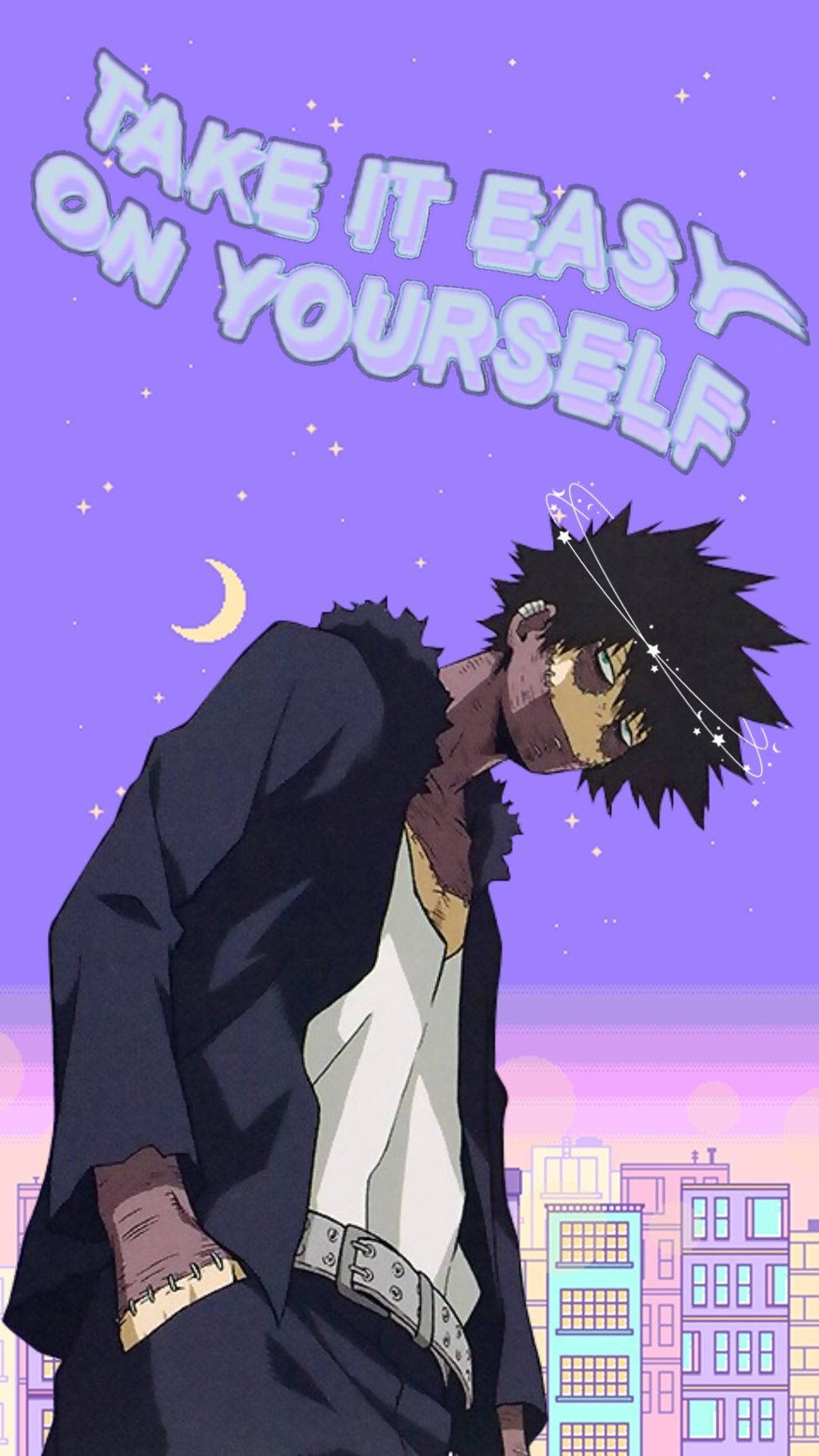 Dabi Aesthetic 桌布 壁紙 — 動漫角色留著刺蝟頭，倚靠城市天際線，背景是紫色星空、新月和勵志文字。