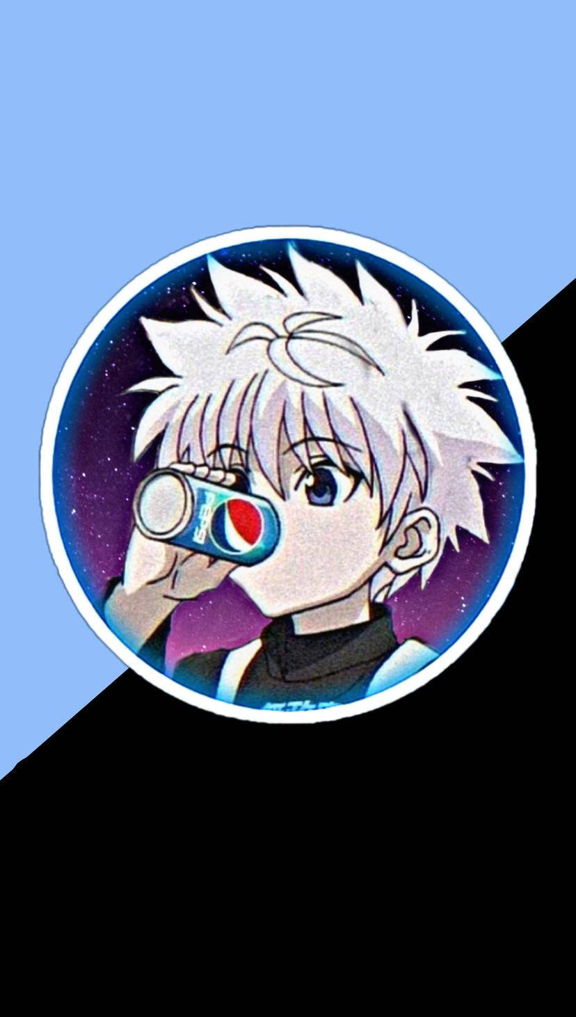 動漫男孩 桌布 壁紙 — 動漫角色留著尖刺白髮，在圓形框架內，以星光宇宙為背景喝著百事可樂。
