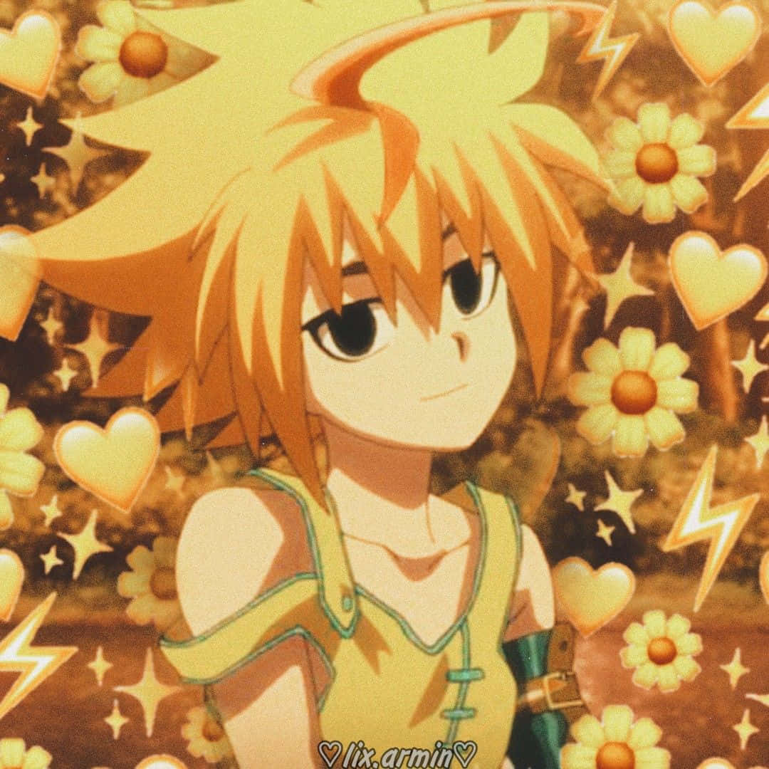 Cute Anime Boy 桌布 壁紙 — 動漫角色留著尖刺的橙色頭髮，被金色心形、花朵和星星包圍，溫柔地微笑。