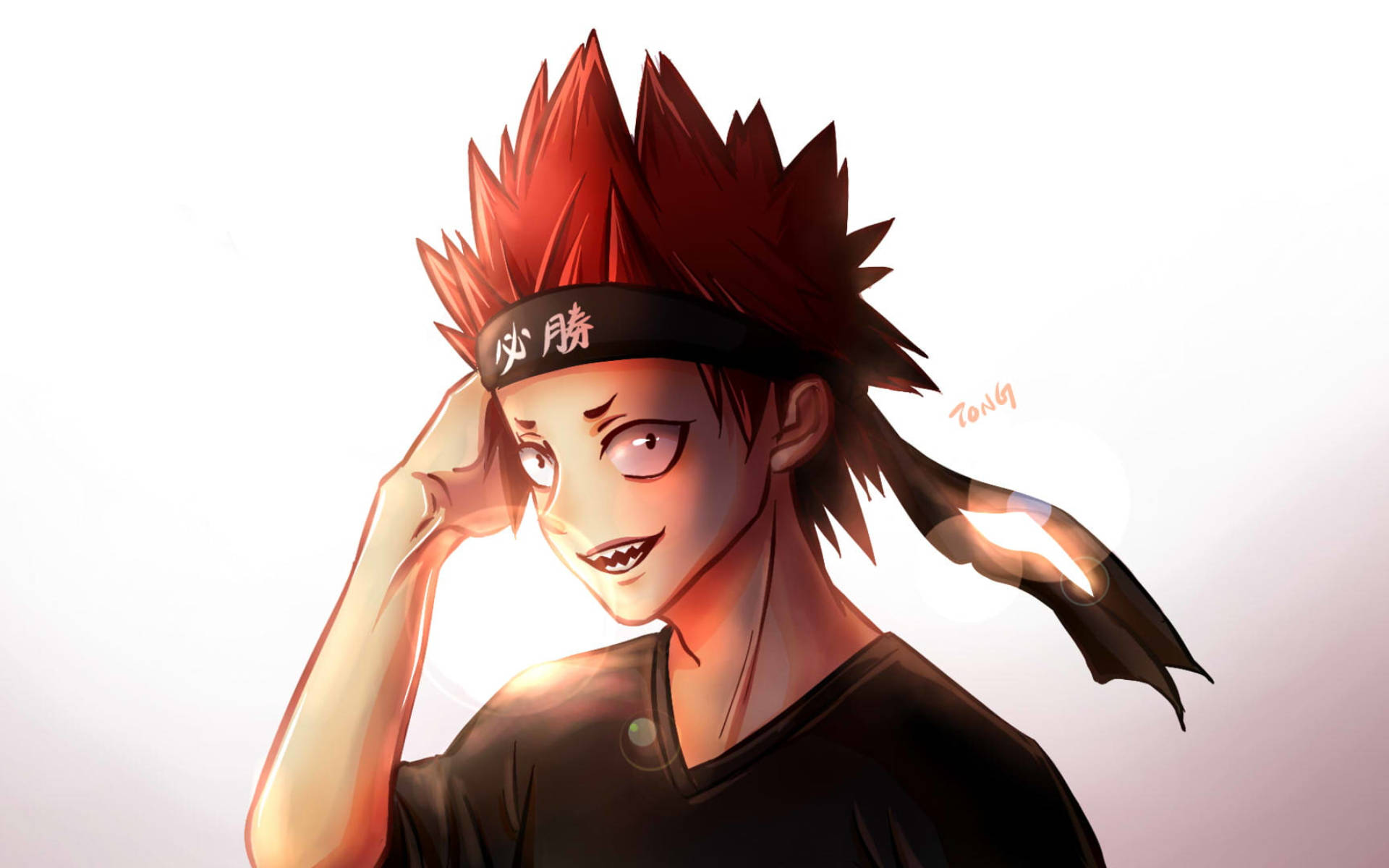 Kirishima 桌布 壁紙 — 動漫角色留著紅色刺蝟頭並戴著頭帶，在柔和漸變背景前自信微笑。