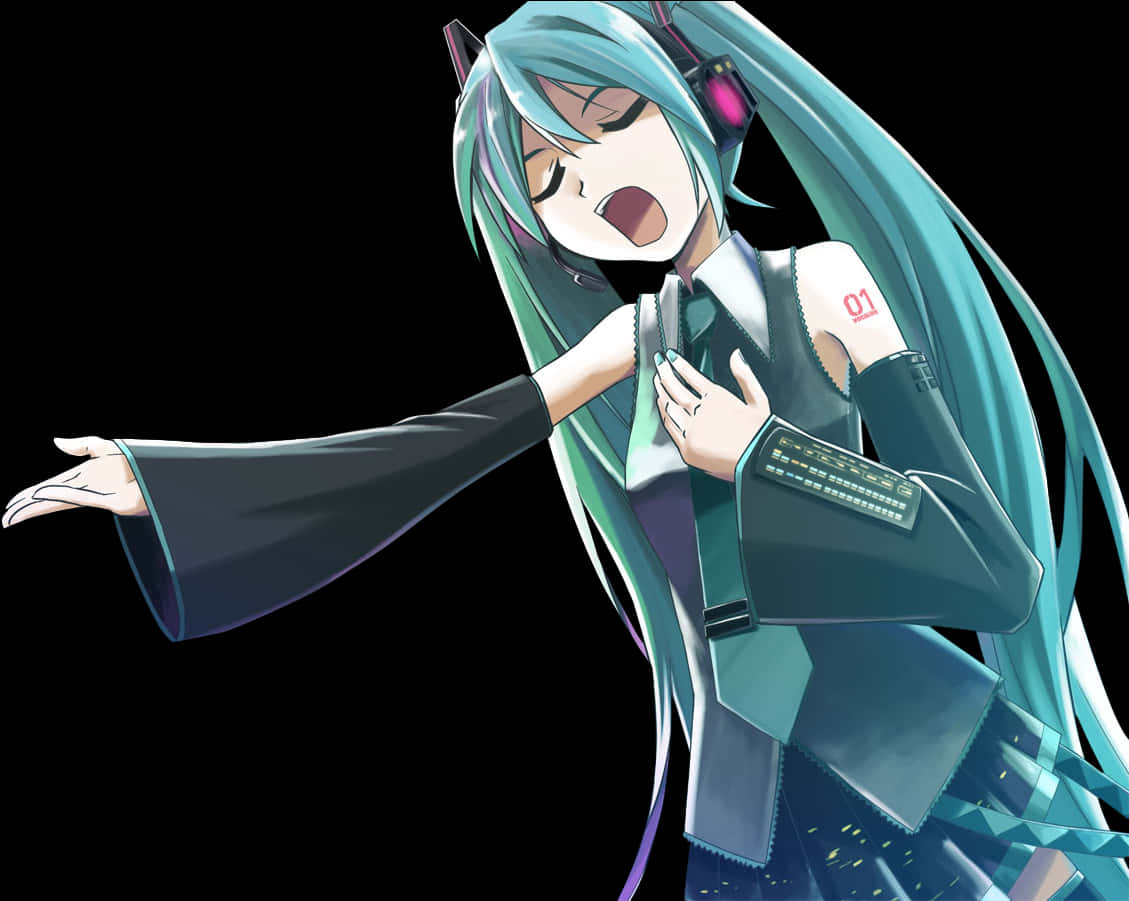 Anime Render 桌布 壁紙 — 動漫角色留著長長的青色頭髮，戴著耳機，在黑色背景前熱情歌唱。