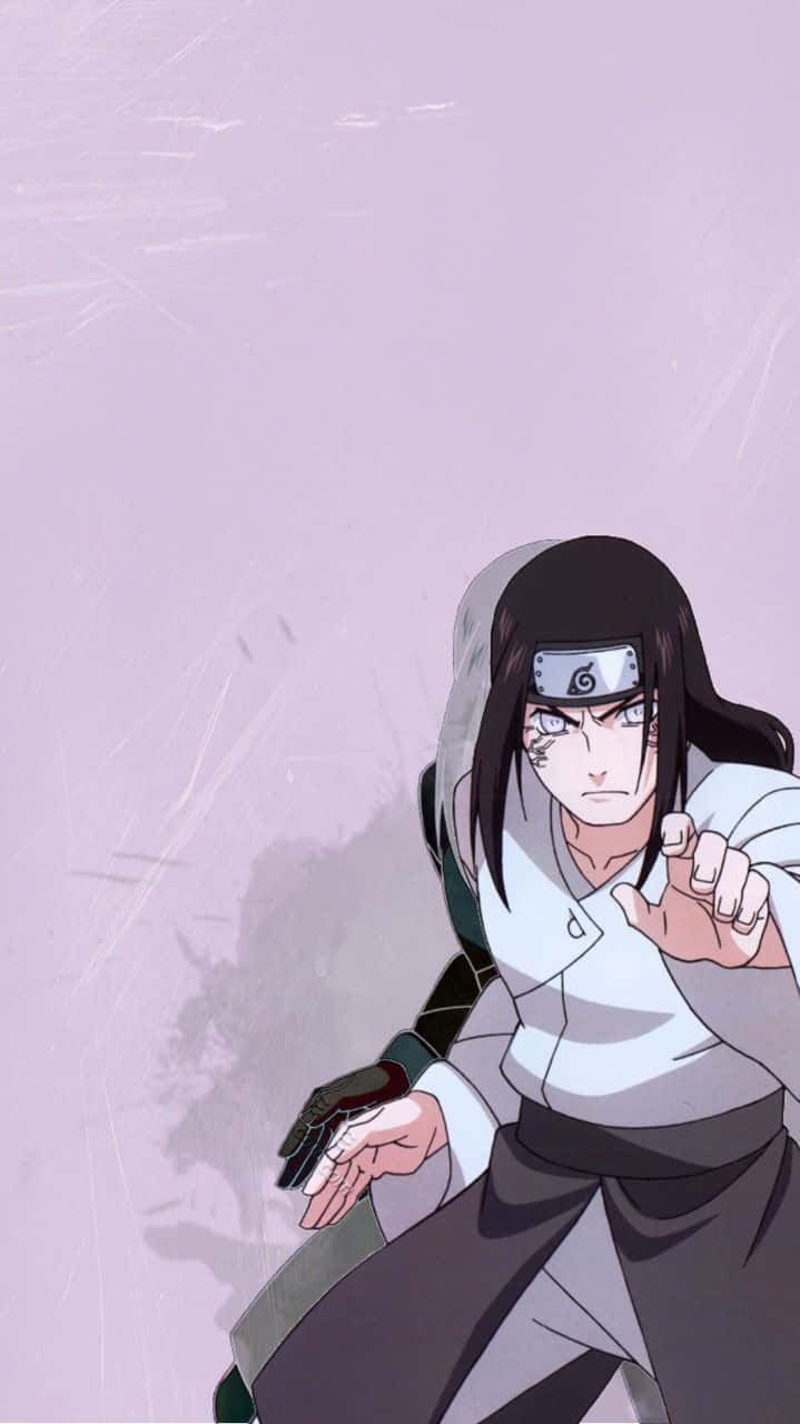 Neji Hyuga 桌布 壁紙 — 動漫角色留著黑色長髮、戴著頭帶，在帶有紋理的薰衣草色背景前擺出戰鬥姿勢。