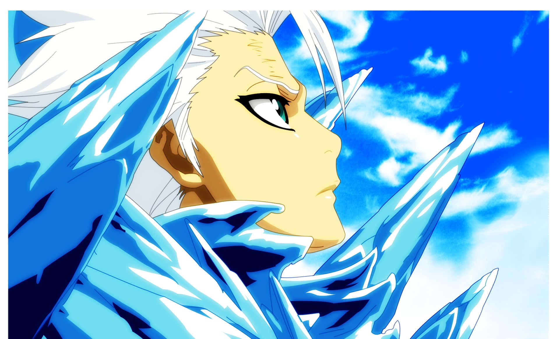 Toshiro Hitsugaya 桌布 壁紙 — 動漫角色白髮冰甲，仰望藍天白雲。