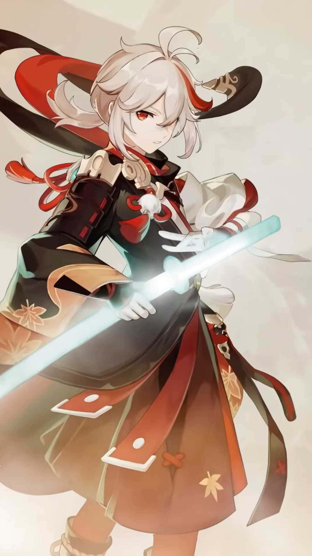 Mobile Gamer 桌布 壁紙 — 動漫角色白髮紅眼，在柔和背景下以動態姿勢揮舞發光劍。