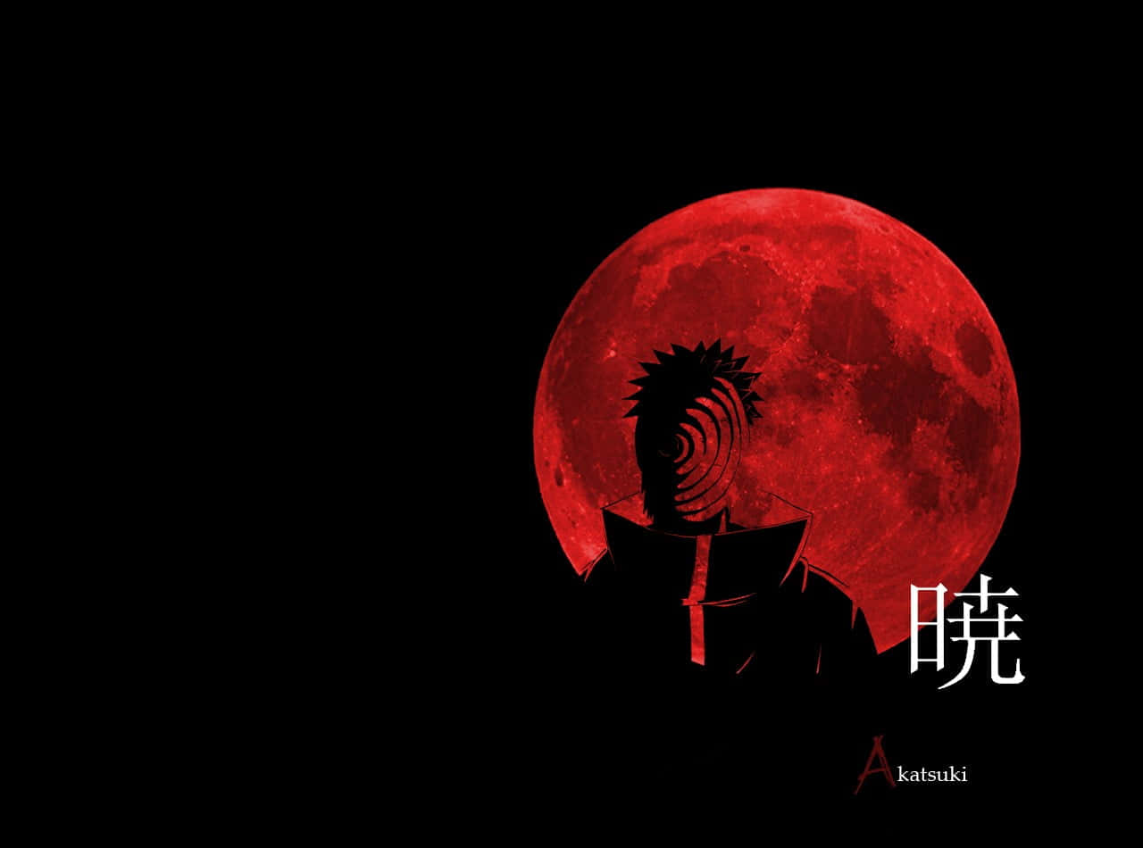 Akatsuki Ninja 桌布 壁紙 — 動漫角色的剪影，有尖刺頭髮，站在一個巨大紅色月亮前面，背景是黑色虛空。