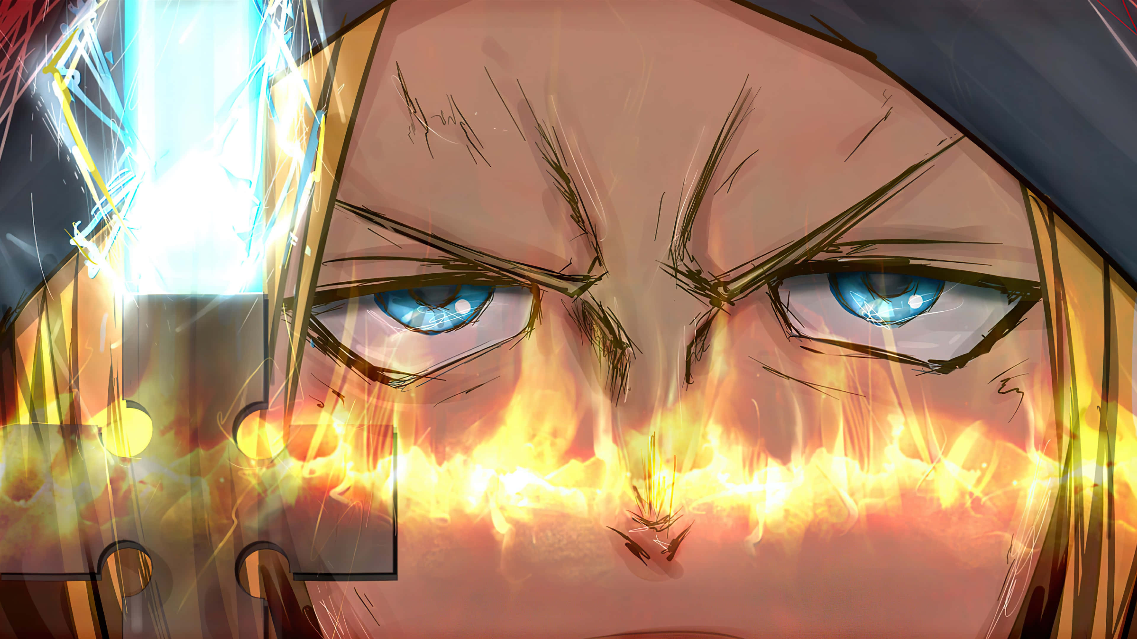 Fire Force Joker 桌布 壁紙 — 動漫角色的強烈特寫，有發光藍色眼睛和從口中噴出的火焰。