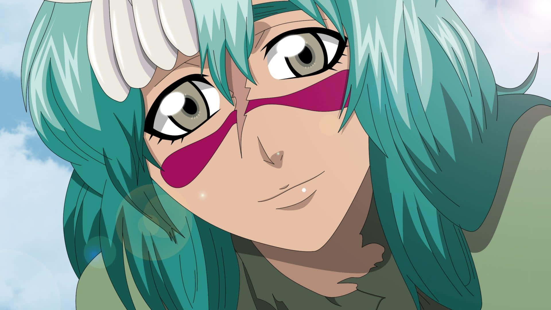 Nelliel Tu Odelschwanck 桌布 壁紙 — 動漫角色的特寫，擁有青綠色頭髮和洋紅色眼睛標記，背景是柔和的天空。