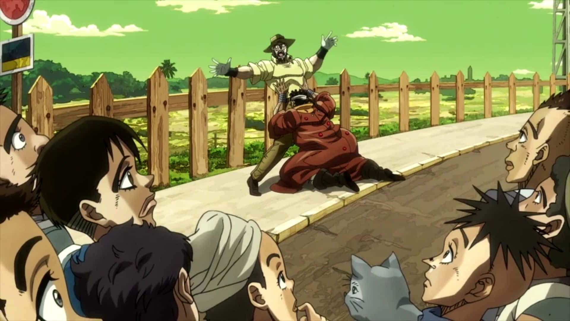 Stardust Crusaders 桌布 壁紙 — 動漫角色看著一個穿著紅色外套和帽子的人在明亮的綠色天空下，在木柵欄附近的人行道上戲劇性地擺姿勢。