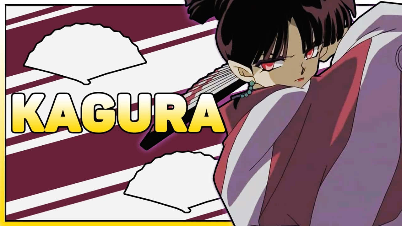 Inuyasha Kagura 桌布 壁紙 — 動漫角色神樂，紅眼睛黑頭髮，穿著紫色和白色的服裝，背景為條紋。