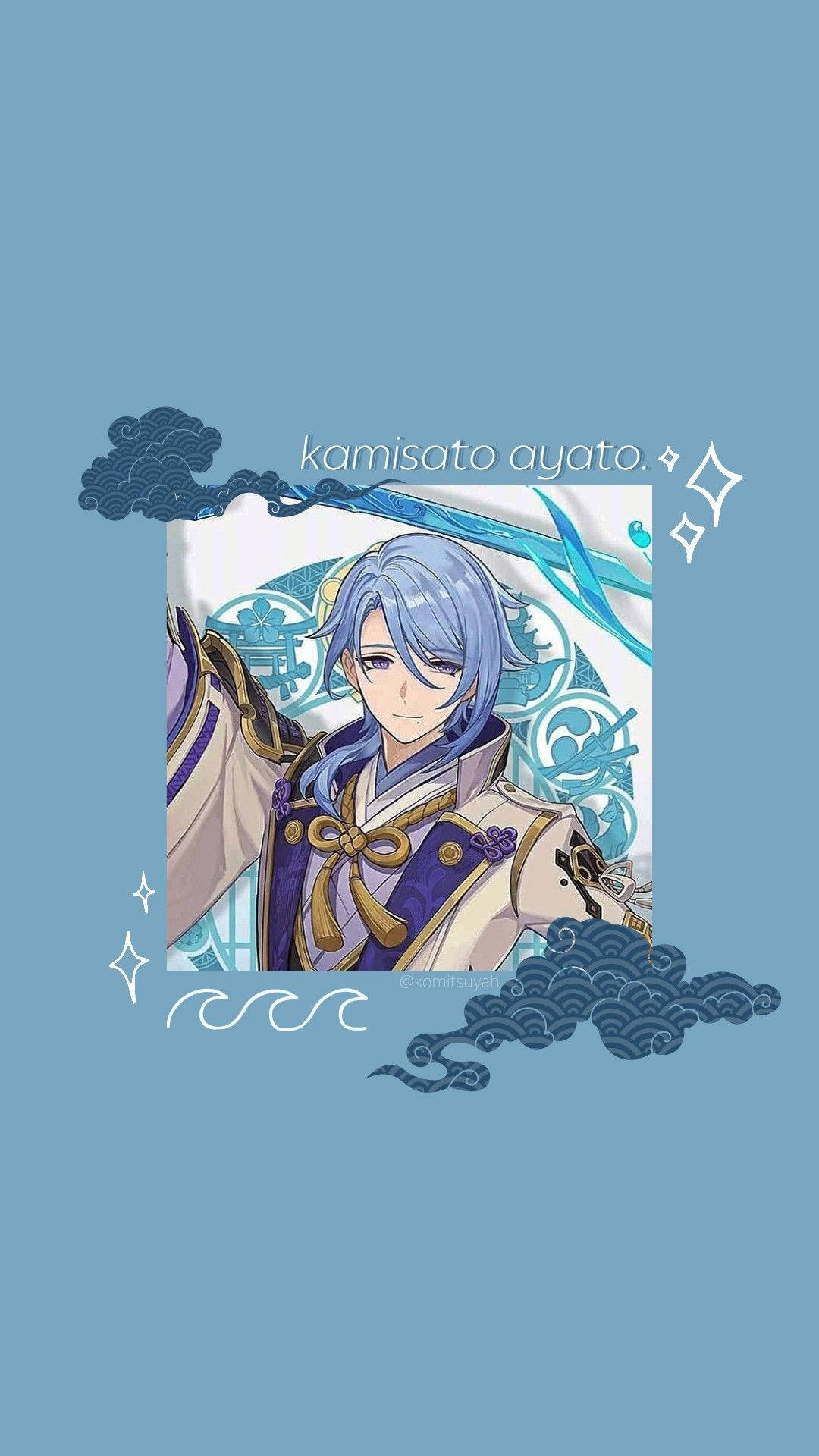 ayato 桌布 壁紙 — 動漫角色神里綾人穿著華麗的藍色和金色服裝，以裝飾性雲朵環繞，背景為純藍色。