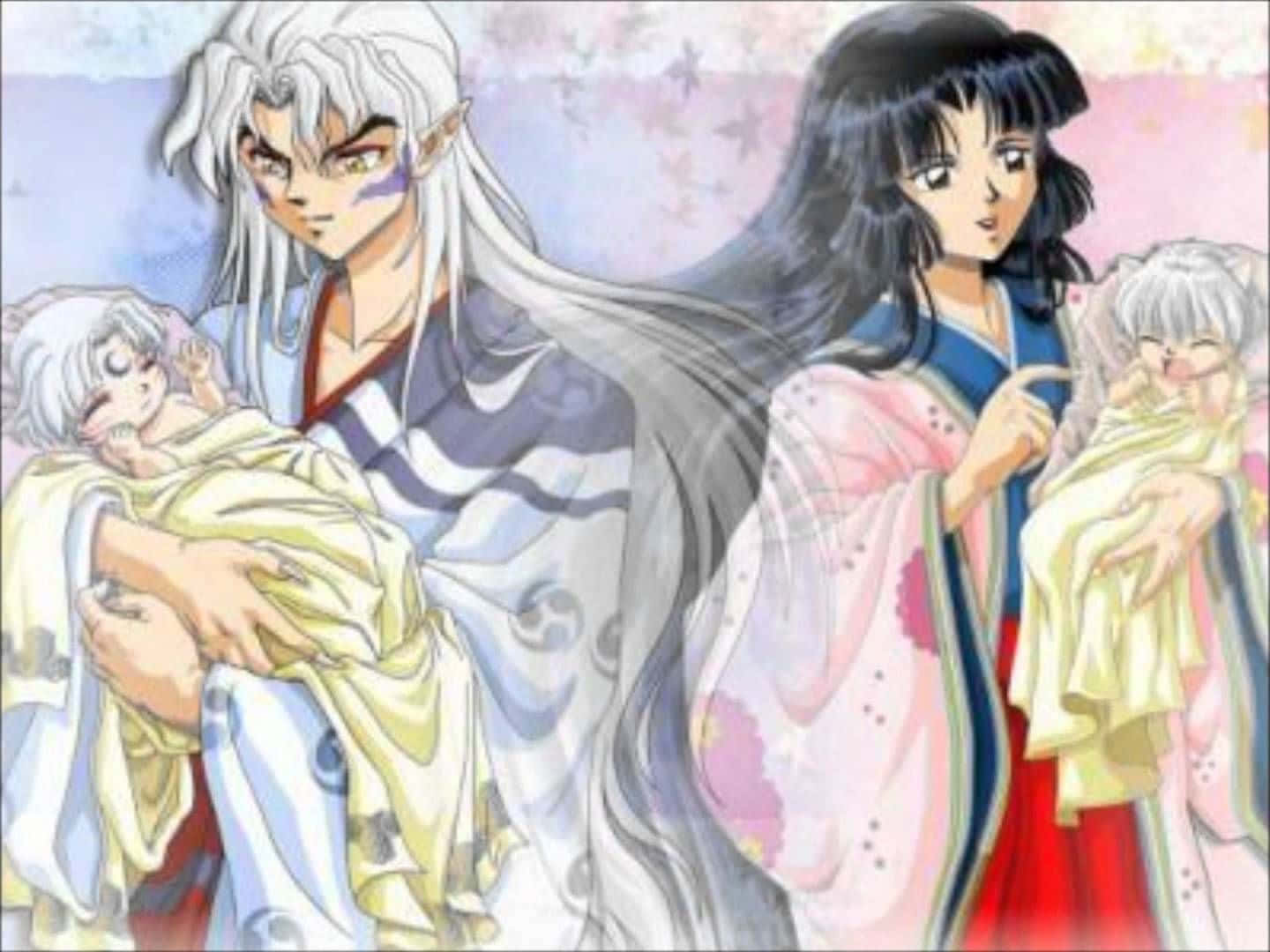 Inuyasha And Sesshomaru 桌布 壁紙 — 動漫角色穿著傳統長袍，在柔和粉彩背景與櫻花下抱著熟睡的嬰兒。