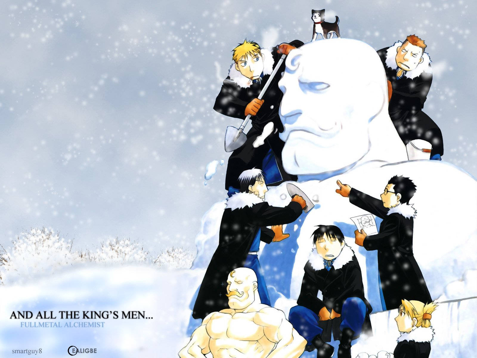 brotherhood 桌布 壁紙 — 動漫角色穿著冬季外套，在飄雪中建造一個巨大的雪人，頂上有一隻貓。