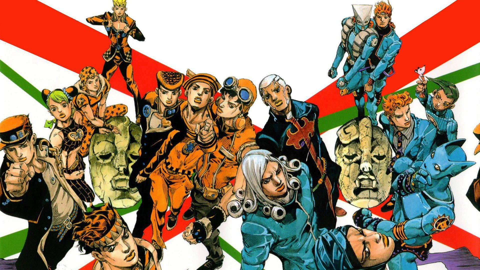 Jojo 桌布 壁紙 — 動漫角色穿著大膽服裝，在紅、綠、白條紋背景前英勇擺姿勢。